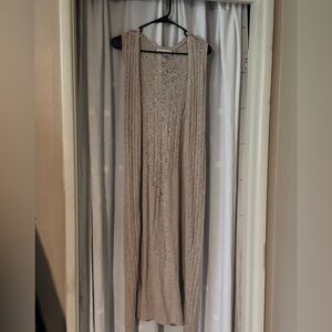 Knox Rose Crochet Knit Open-Front Maxi Vest in Beige